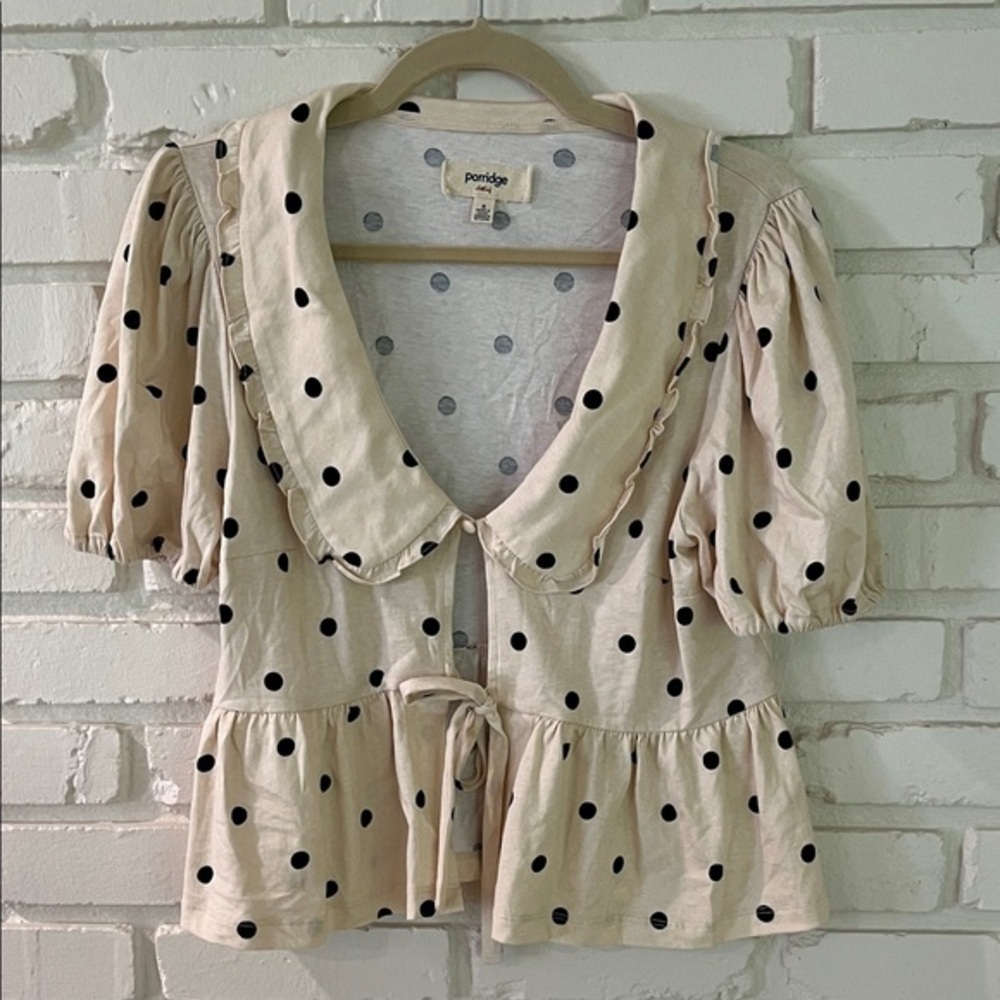 Porridge Cream Polka Dot Puff-Sleeve Peplum Blouse